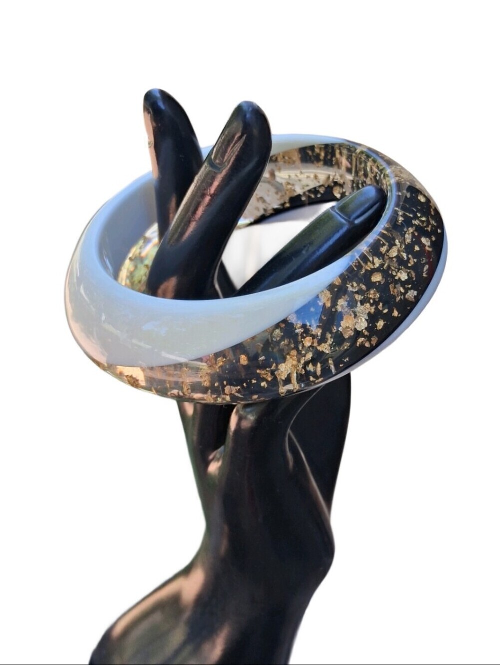 Vintage Lucite Gold Flake Confetti Bangle Bracelet White Clear Chunky Twist